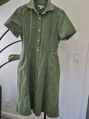 Short-Sleeve Olive Green Button-Front Midi Dress by Free People